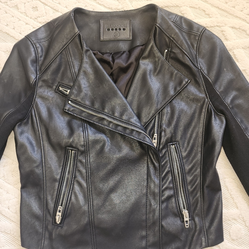 XS Blank NYC Black Faux Leather Moto Jacket with Silver Zippers